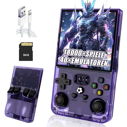 R36MAX Retro Handheld Spielkonsole,18000+ Spiele,40+ Emulatoren,8 Stunden 4000mAh Akku,4-Zoll IPS Bildschirm Tragbarer Mini Emulator Handheld,Open Source Linux System (Transparent Lila-64G) von XIXIMENG