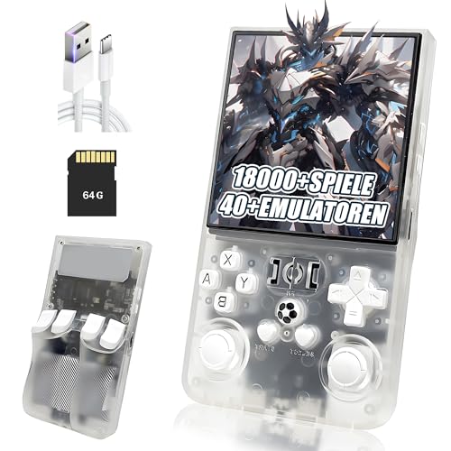 R36MAX Retro Handheld Spielkonsole,18000+ Spiele,40+ Emulatoren,8 Stunden 4000mAh Akku,4-Zoll IPS Bildschirm Tragbarer Mini Emulator Handheld,Open Source Linux System (Transparentes Silber-64G) von XIXIMENG