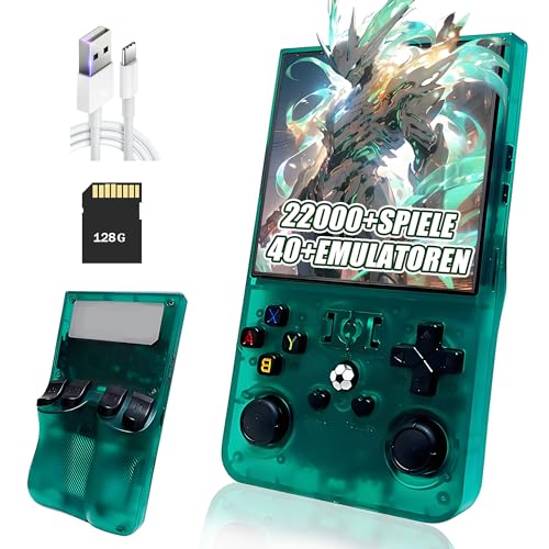 R36MAX Retro Handheld Spielkonsole,22000+ Spiele,40+ Emulatoren,8 Stunden 4000mAh Akku,4-Zoll IPS Bildschirm Tragbarer Mini Emulator Handheld,Open Source Linux System (Grün-128G) von XIXIMENG