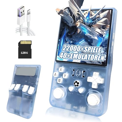 R36MAX Retro Handheld Spielkonsole,22000+ Spiele,40+ Emulatoren,8 Stunden 4000mAh Akku,4-Zoll IPS Bildschirm Tragbarer Mini Emulator Handheld,Open Source Linux System (Transparentes Blau-128G) von XIXIMENG