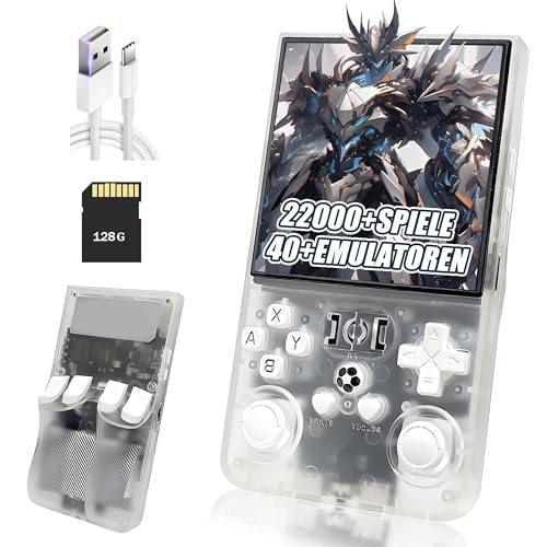 R36MAX Retro Handheld Spielkonsole,22000+ Spiele,40+ Emulatoren,8 Stunden 4000mAh Akku,4-Zoll IPS Bildschirm Tragbarer Mini Emulator Handheld,Open Source Linux System (Transparentes Silber-128G) von XIXIMENG