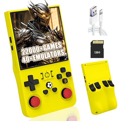 R36MAX Retro Handheld Spielkonsole,Eingebaute 22000+/18000+ Spiele,40+ Emulatoren,8 Stunden 4000mAh Akku,4-Zoll IPS Bildschirm Tragbarer Mini Emulator Handheld,Open Source Linux System (Gelb-128G) von XIXIMENG