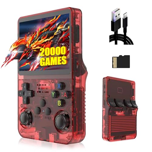 XIXIMENG R36S Retro Handheld Spielkonsole 64G,Eingebaute 20000+ Spiele Retro Konsole,21 Emulator,3.5“ IPS Bildschirm,Linux System,Tragbarer Mini Emulator für Kinder und Erwachsene (Transparentes Rot) von XIXIMENG