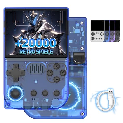 R36VX Retro Handheld Spielkonsole 20000+ Spiele 20 Emulatoren Retro Spielkonsole,ArkOS-System,3,5-Zoll-IPS-Bildschirm Tragbare Videospielkonsole,3500mAh,Unterstützung Griffverbindung (Blau-64G) von XIXIMENG