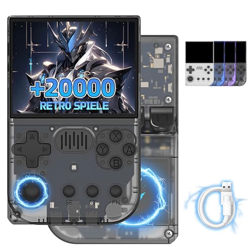 R36VX Retro Handheld Spielkonsole 20000+ Spiele 20 Emulatoren Retro Spielkonsole,ArkOS-System,3,5-Zoll-IPS-Bildschirm Tragbare Videospielkonsole,3500mAh,Unterstützung Griffverbindung (Schwarz-64G) von XIXIMENG