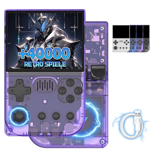 R36VX Retro Handheld Spielkonsole 40000+ Spiele 20 Emulatoren Retro Spielkonsole,ArkOS-System,3,5-Zoll-IPS-Bildschirm Tragbare Videospielkonsole,3500mAh,Unterstützung Griffverbindung (Violett-128G) von XIXIMENG