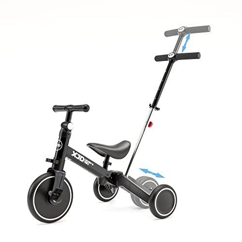 XJD 4 in 1 Kinder Dreirad Laufrad für 10-36 Monate Alt Jungen Mädchen Lauffahrrad für Kinder Kinderdreirad mit Verstellbarer Sitz und abnehmbares Pedal Lauflernhilfe (4 in 1 mit Schubbügel, Schwarz-A) von XJD