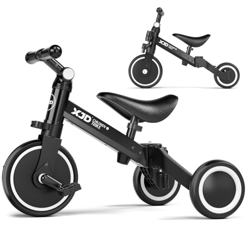 XJD 4 in 1 Kinder Dreirad Laufräder Laufrad für 10-36 Monate Alt Jungen Mädchen Lauffahrrad für Kinder Kinderdreirad mit Verstellbarer Sitz und abnehmbares Pedal Lauflernhilfe (5 in 1, Black) von XJD