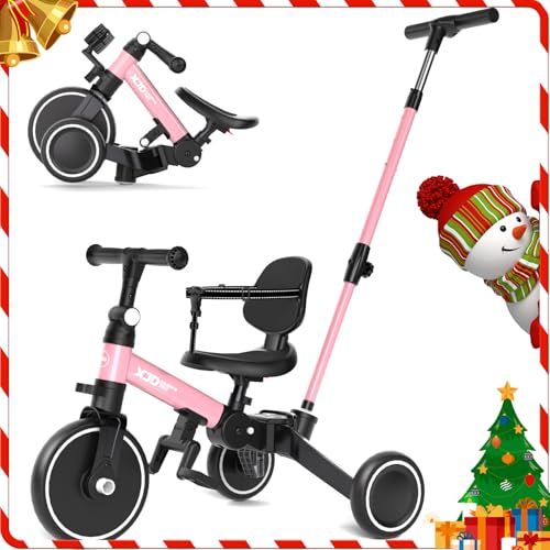 XJD 5 in 1 Dreirad, Laufrad ab 1 Jahr mit Schubstange für Kinder ab 1-4 Jahre, Laufräder Laufrad mit Abnehmbaren Pedale und Verstellbarer Sitz, Kinderdreirad, Baby Fahrrad (Rosa) von XJD