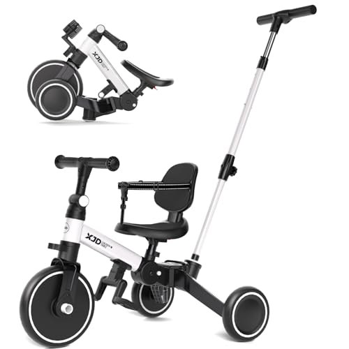 XJD 5 in 1 Dreirad, Laufrad ab 1 Jahr mit Schubstange für Kinder ab 1-4 Jahre, Laufräder Laufrad mit Abnehmbaren Pedale und Verstellbarer Sitz, Kinderdreirad, Baby Fahrrad (Weiß) von XJD