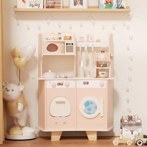 XJD Kinderküche Holz für Kinder, Spielküche Kleinkind mit Zubehör, Puppenküche mit Kaffeemaschine, Küchenzubehör, Mikrowelle, Ofen, Waschmaschine, Kinder Küche Spielset für Kinder ab 3 Jahren von XJD