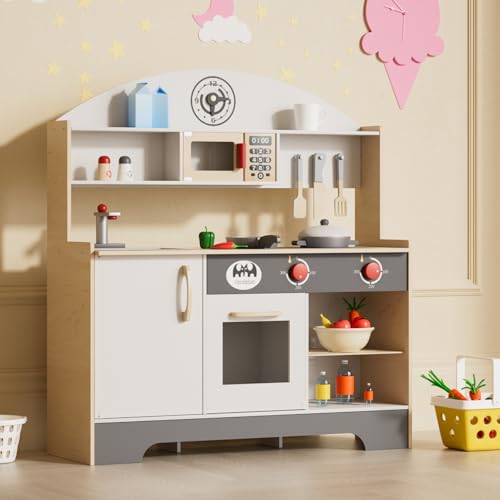 XJD Kinderküche Spielküche Holz mit Küchenzubehör, Kleinkind-Spielküche für Kinder ab 3 Jahren, Puppenküche, Geschenk für Mädchen und Jungen(Einfach, Grau) von XJD