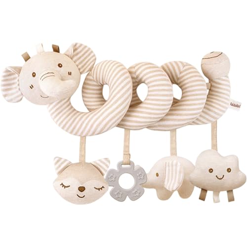 Baby Kinderwagen Spielzeug, spiralpüdische Tiere, die Krippenspielzeug hängen, quietschende frühe pädagogische sensorische Aktivität Wind gilt für Neugeborene 0-6 Monate, Elefant, Autositzspielzeug von XJKLBYQ