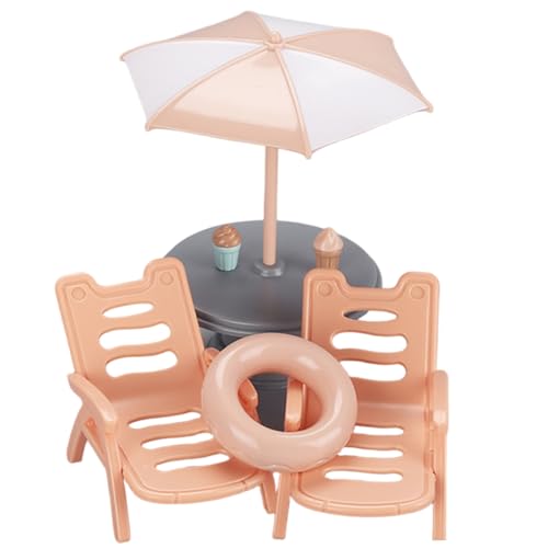 Realistischer Dollhouse Beach Stuhl, Plastikminiatur -Sachen beinhaltet 2 Strandstühle, Tisch mit Regenschirm, Schwimmring und 2 Eiscreme für Doll House -Einstellung von XJKLBYQ
