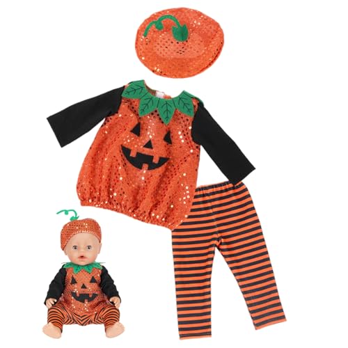 XJKLBYQ 18 Zoll Puppenkleidung Set, Kürbis -Top -Streifenhosen Hüte für 16/18 -Zoll -Puppen Halloween Kostüme Mädchen von XJKLBYQ