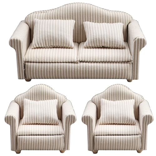 XJKLBYQ 3pcs/Set 1 12 Skala Dollhouse Möbel, gestreiftes Doppel ＆ Einzelpuppenhaus Couch mit Kissen Sessel Sofa Wohnzimmermöbel Holzzubehör, Couch von XJKLBYQ