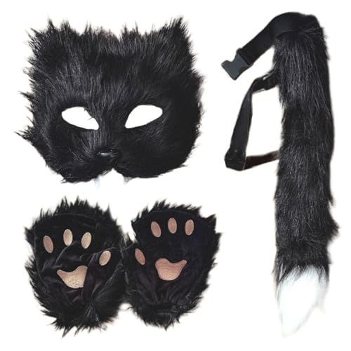 XJKLBYQ 3pcs/Set Fox Kostüm Halloween Pelzige Therian Maske und Schwanz- und Pfotenhandschuhe, Plüsch flauschige Katze Wolf Pelzige Kostüm für Cosplay -Party Halloween Masquerade, Schwarz, Maske von XJKLBYQ
