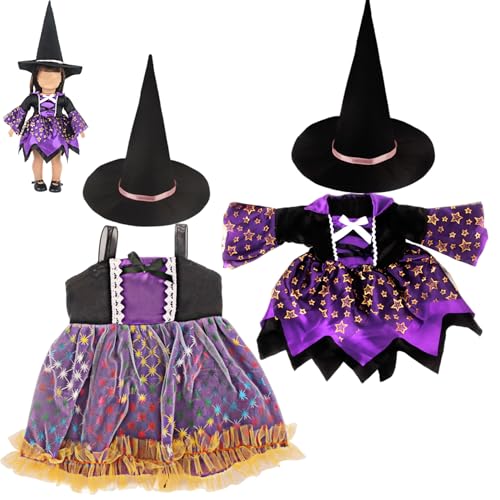 XJKLBYQ Amerikanische Puppenkleidung, 2 Sets 18 Zoll Puppenkleidung und Accessoires enthalten Hexenhut, Kleid ＆ Schuhe, hübsch für Halloween -Kostüme Mädchen Geschenke von XJKLBYQ