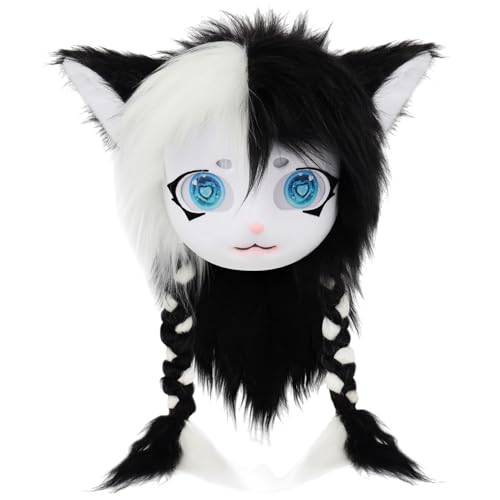 XJKLBYQ Animal Head Cat Cat Fursuit, pelzige Maske niedliche Plüschkatze Pelzige Kopf mit Zöpfen Fursuit Tier für Themenpartys Maskerade Cosplay Kostümzubehör, Schwarz und Weiß von XJKLBYQ
