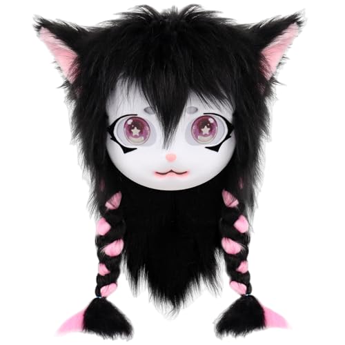 XJKLBYQ Animal Head Cat Cat Fursuit, pelzige Maske niedliche Plüschkatze Pelzige Kopf mit Zöpfen Pursuit Tier für Themenpartys Maskerade Cosplay Kostümzubehör, Schwarz XJKLBYQ Animal Head Cat Cat Fursuit, pelzige Maske niedliche Plüschkatze Pelzige Kopf mit Zöpfen Pursuit Tier für Themenpartys Maskerade Cosplay Kostümzubehör, Schwarz von XJKLBYQ