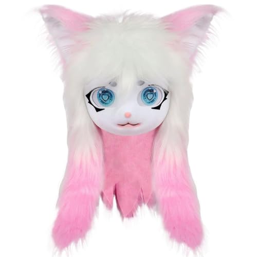 XJKLBYQ Animal Head Cat Cat Fursuit Schnittmaske, Plüschkatze -Fuchsmaske, Vollkopfkostüm -Requisiten mit großen Augen, pelzigen Ohren und langes Haar für Halloween -Maskerade -Cosplay (Rosa) von XJKLBYQ