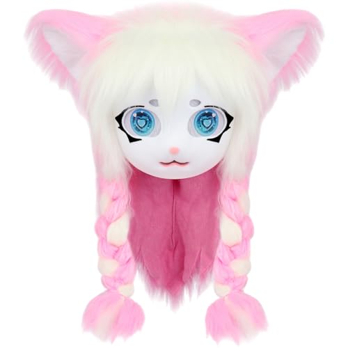 XJKLBYQ Animal Head Cat Fursuit, pelzige Maske niedliche Plüschkatze pelziger Kopf mit Zöpfen Fursuit Tier für Themenpartys Maskerade Cosplay Kostümzubehör, Style11 von XJKLBYQ