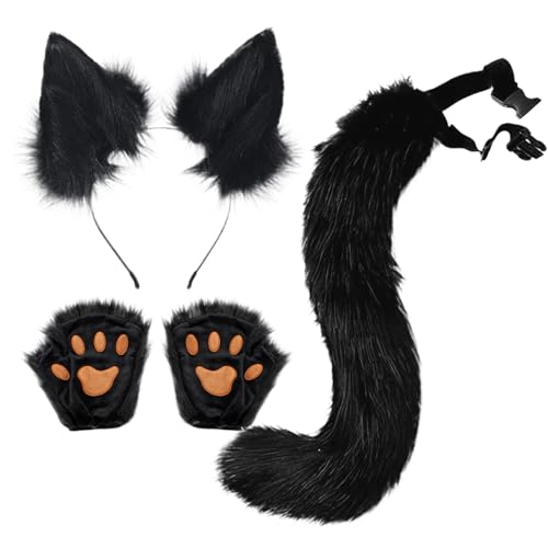 XJKLBYQ Fox Kostüm Fuchs Ohren Therian Tail Set Katze Wolf Ohren flauschiger pelziger Schwanz in Frauenkostümzubehörsets, schwarz von XJKLBYQ