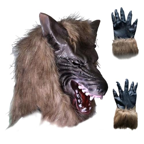 XJKLBYQ Halloween Werwolf Kostüm, Werwolf Maske Halloween Kostüm Realistische Wolf Maske & 1 Paar Pfotenschuhhandschuhe weich und hautfreundlich für Party Cosplay Dress Up XJKLBYQ Halloween Werwolf Kostüm, Werwolf Maske Halloween Kostüm Realistische Wolf Maske & 1 Paar Pfotenschuhhandschuhe weich und hautfreundlich für Party Cosplay Dress Up von XJKLBYQ