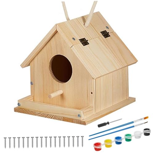 XJKLBYQ Holzvogelhäuser Kit zum Malen und Bauen, Holzmalereien Gebäudeprojekte lustige Aktivitäten Kunsthandwerk mit Pinsel, Schraubendreher, Montageschrauben und 6 Farben Farben für Kinder 3+ von XJKLBYQ