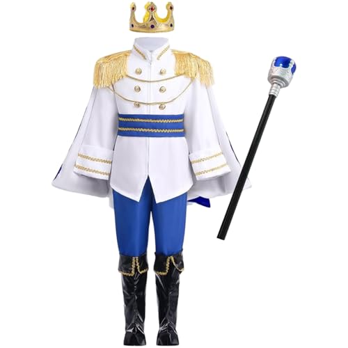 XJKLBYQ Jungens Prince Kostüm, Langarm Tunika Top Prince Charming Costum mit Crown & Cane for Cosplay, Dress-up Party (110 cm) von XJKLBYQ