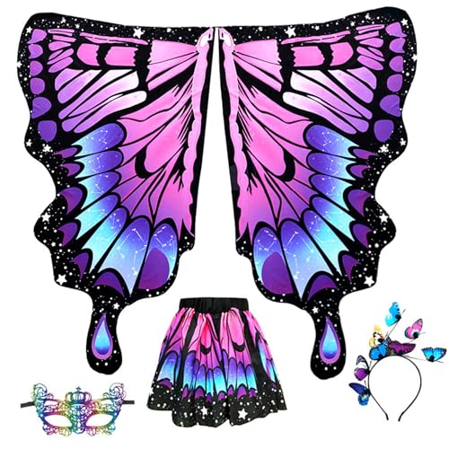 XJKLBYQ Kinder Schmetterling Kostümset, 4pcs/Set Purple Butterfly -Schal mit Augenmaske, Haarband und Kleid, schickes Cape for Girls Cosplay Party Geschenken von XJKLBYQ