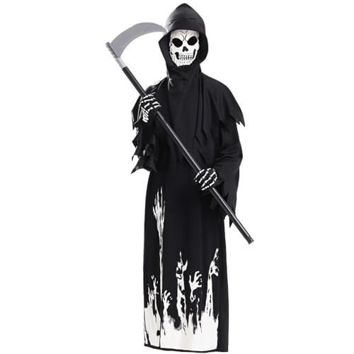 XJKLBYQ Leuchten Sie den Dunkeln im Dunkeln, das Sensenmut-Outfit umfasst Nelken und Sichel, gruseliges Halloween-Cosplay für Erwachsene (Männer & Frauen) von XJKLBYQ