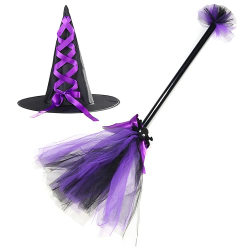 XJKLBYQ Lila Hexenhut und Besen, 2pcs/Set Flych Witch Broomstick für Halloween Party Dekor von XJKLBYQ
