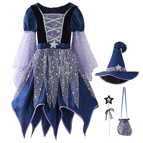 XJKLBYQ Mädchen Hexenkostüm, leuchtendes böses Hexenkleid mit Hut, MAGICS -Zauberstab und Süßigkeitentasche für Halloween Party Decor (130 cm) von XJKLBYQ