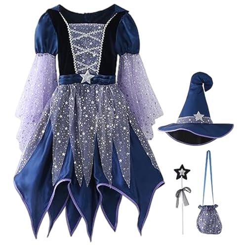 XJKLBYQ Mädchen Hexenkostüm, leuchtendes böses Hexenkleid mit Hut, Magie -Zauberstab und Süßwaren Tasche für Halloween Party Decor (110 cm) von XJKLBYQ