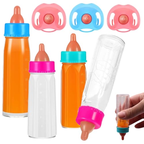 XJKLBYQ Schnullerspielzeug, 7 PCs/Set Babypuppenflaschen, 4 PCs Spielzeugbabyflaschen für Puppen mit verschwundener Milch oder Saft mit 3 Schnuller, lustiger Simulation Puppenzubehör für Kinder von XJKLBYQ