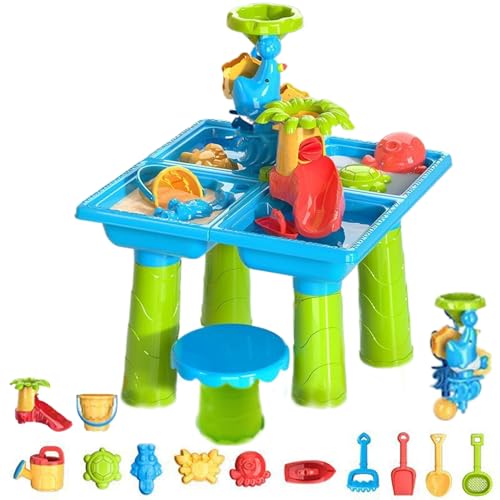 XJKLBYQ Wassertabelle, Kleinkind Wassertisch Set farbenfroher interaktiver Outdoor -Strandsand mit 9 Stcs Spielzeugformen 4 Fächer PP Hinterhof Sommersensor für Kinder (17x17x22 in) von XJKLBYQ