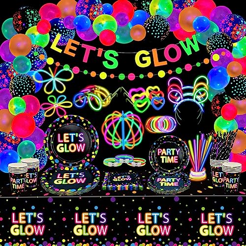 398 Pcs Glühen in der dunklen Partei Supplies. Einschließen Glühen in den dunklen Ballons, Banner, Glühstäbe, Geschirr und Tischdecken für Glow Party Supplies Schwarzlicht Neon Party Dekorationen 398 Pcs Glühen in der dunklen Partei Supplies. Einschließen Glühen in den dunklen Ballons, Banner, Glühstäbe, Geschirr und Tischdecken für Glow Party Supplies Schwarzlicht Neon Party Dekorationen von XJLANTTE