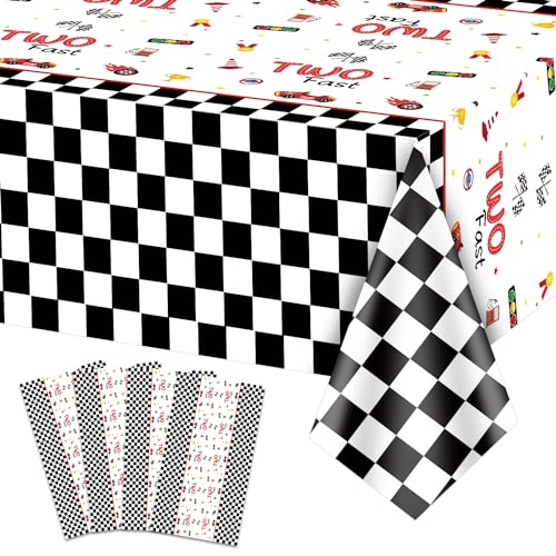 XJLANTTE 4 Stück Rennwagen-Tischdecken – rechteckige schwarz-weiß Karierte Tischdecke für Geburtstagsparty-Zubehör für Jungen und Kinder im Alter von Zwei Jahren, 139,9 x 218,6 cm (Zwei schnell) von XJLANTTE