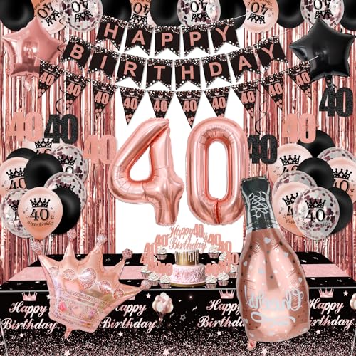 XJLANTTE Partydekorationen zum 40. Geburtstag in Schwarz und Roségold – Banner „Happy Birthday“, Wimpel, Geburtstagsballons, Fransenvorhänge, Tischdecke, Kuchendekoration von XJLANTTE