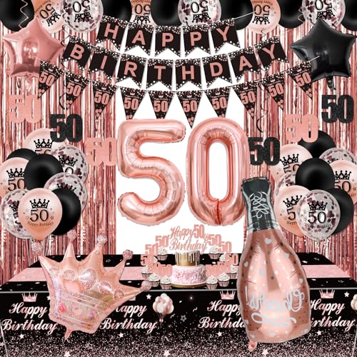XJLANTTE Partydekorationen zum 50. Geburtstag in Schwarz und Roségold – Banner „Happy Birthday“, Wimpel, Geburtstagsballons, Fransenvorhänge, Tischdecke, Kuchendekoration von XJLANTTE