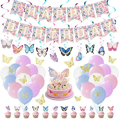 XJLANTTE Schmetterlings-Geburtstags-Party-Dekorationen - Schmetterlings-Happy Birthday-Banner, Macaron-Ballons, 3D-Schmetterlings-Aufkleber, für Mädchenbedarf von XJLANTTE
