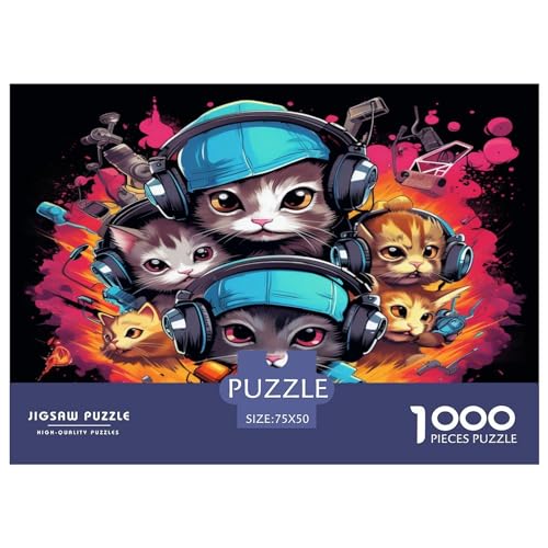 1000 Teile Puzzle Katze mit Kopfhörern, kreative rechteckige Puzzles für Erwachsene und Kinder, große Puzzles für Familien-Lernspiel 1000 Teile (75 x 50 cm) von XJmoney