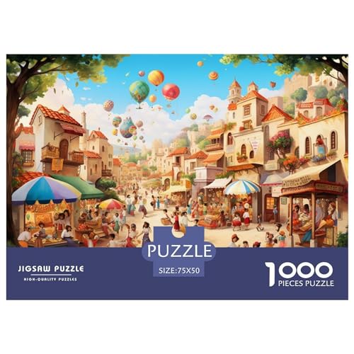 1000-teiliges Puzzle für Erwachsene, Dorf-Quadrat-Puzzles, 1000 Teile, Holzbrett-Puzzle, Entspannungs-Puzzlespiele, Denksport-Puzzle, 1000 Teile (75 x 50 cm) von XJmoney