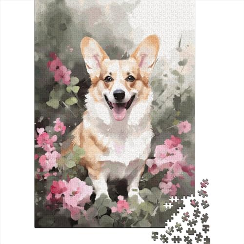 Corgi Dog Flowers Buntes Puzzle 100% recycelter Karton Puzzle für Frauen Männer Weihnachtsgeschenke 38x26cm/1000 Teile von XJmoney