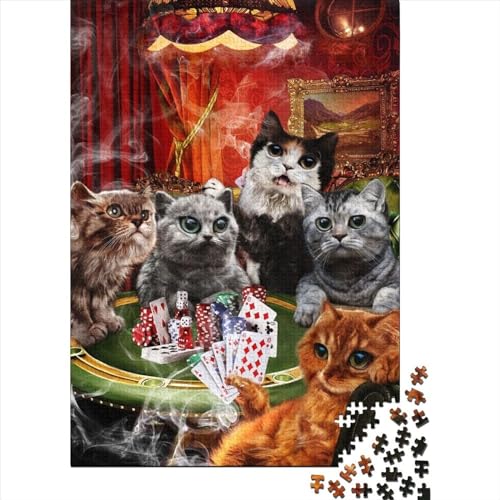 Puzzle „Katze spielt Poker“, Puzzle für Erwachsene, Holzbrett-Puzzle, anspruchsvolles Spiel, 500 Teile (52 x 38 cm) von XJmoney
