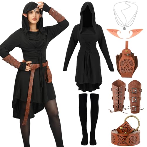 XKEJKNY 7-teiliges Renaissance-Feenkostüm für Damen, mittelalterliches Kapuzenkleid, Schnür-Outfits mit Vintage-Kunstleder-Armtasche, Gürtel, Schwarz, X-Large XKEJKNY 7-teiliges Renaissance-Feenkostüm für Damen, mittelalterliches Kapuzenkleid, Schnür-Outfits mit Vintage-Kunstleder-Armtasche, Gürtel, Schwarz, X-Large von XKEJKNY
