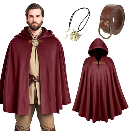 XKEJKNY Renaissance Mittelalter-Umhang mit Kapuze, Feen-Samt-Kapuzenumhang für Herren und Damen, Ritter-Capelet, Halloween-Kostüm, Rot/Ausflug, einfarbig (Getaway Solids), 130cm/ 51.18inch von XKEJKNY