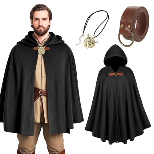 XKEJKNY Renaissance Mittelalter-Umhang mit Kapuze, Feen-Samt-Kapuzenumhang für Herren und Damen, Ritter-Capelet, Halloween-Kostüm, Schwarz, 100cm/ 39.37inch von XKEJKNY