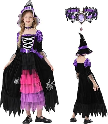 XLKJLI Hexenkostüm für Mädchen, Halloween-Kostüm für Mädchen mit Halskette und Hut, Halloween-Kostüm, Hexe, Kinder, Mädchen, für Halloween, Karneval, Mottoparty (7-9 Jahre) von XLKJLI